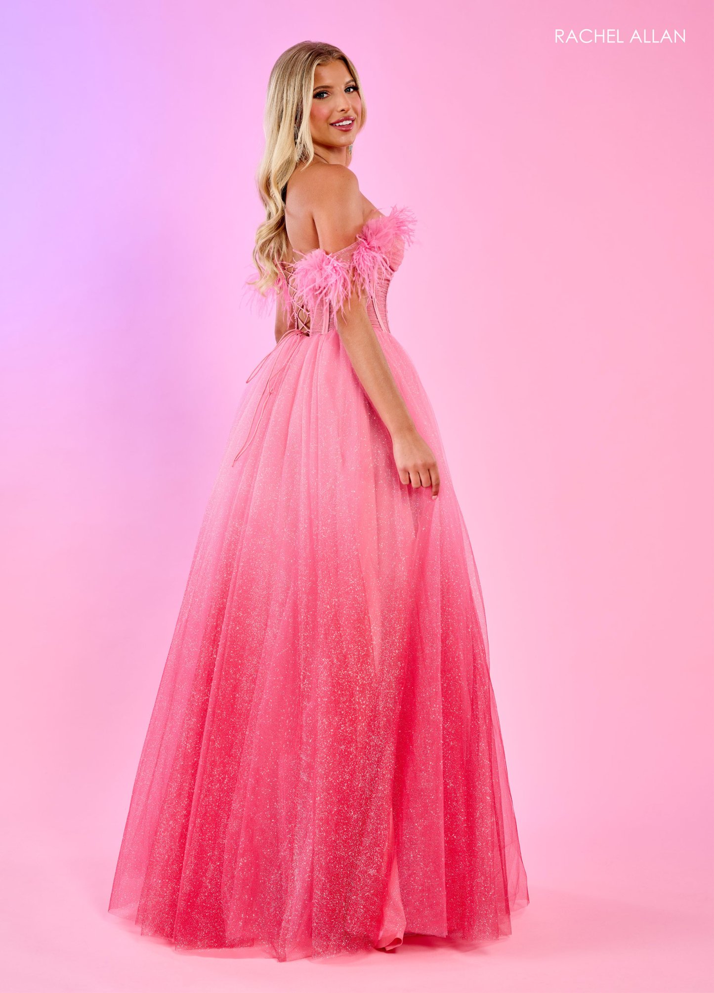 Breathtaking Off-The-Shoulder Ombre Glitter Tulle Feathers Prom Dress 70515