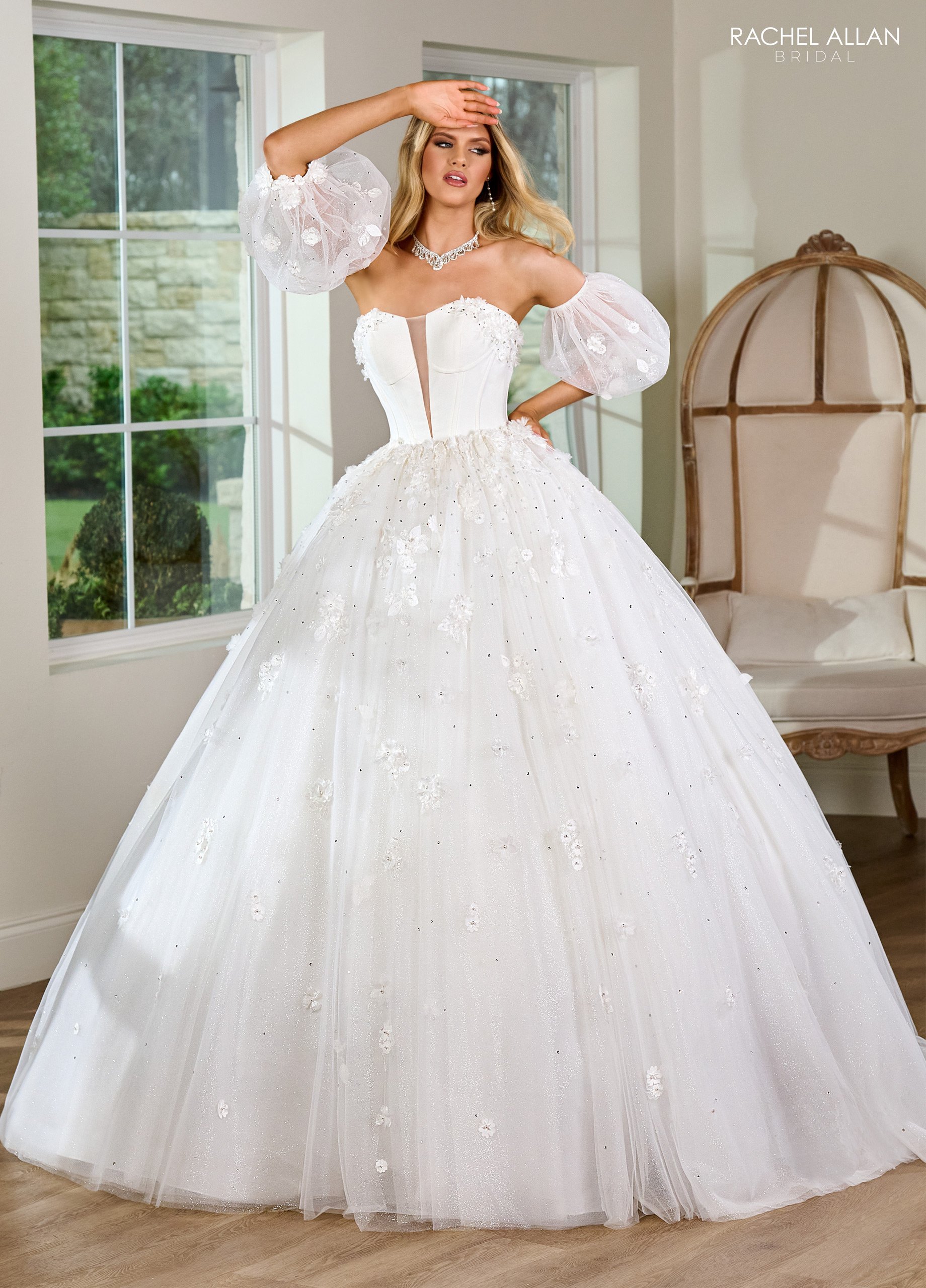 Delicate Sequins Floral Embroidery Detachable Organza Sleeves Wedding Dress RB6152