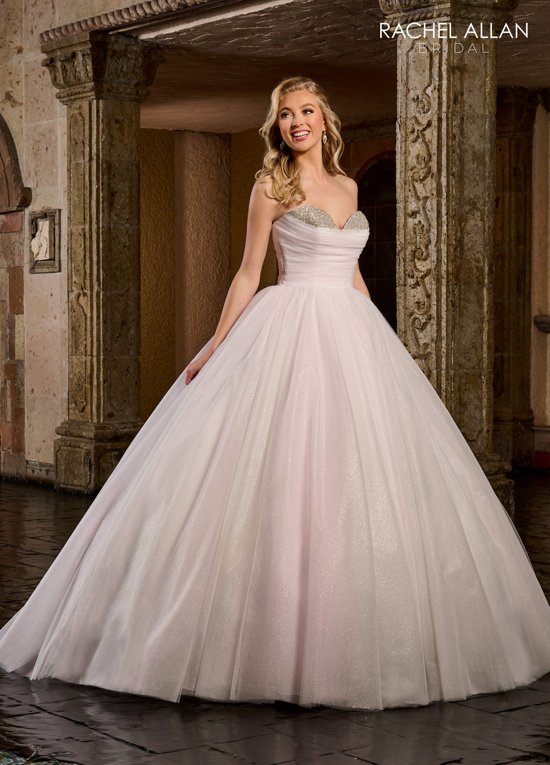 Ball Gown Sweetheart Strapless Beaded Glitter Tulle Lace-Up Back Wedding Dress RB6124