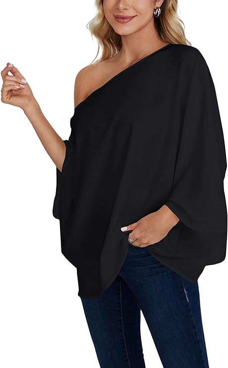 Women's Casual Off Shoulder Batwing Short Sleeve Solid Loose Shirt Blouse Top