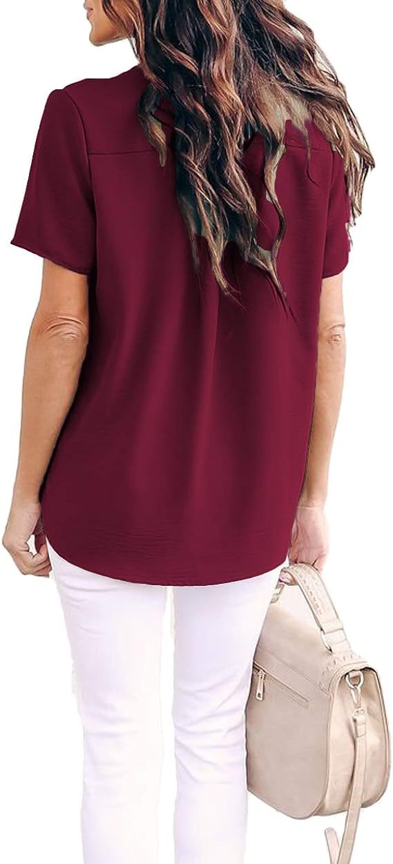 Women Summer Casual Split V Neckline Chiffon Blouses Loose Tunic Short Sleeve Tops