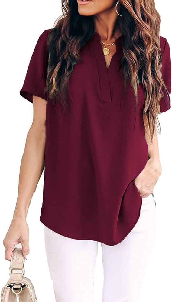 Women Summer Casual Split V Neckline Chiffon Blouses Loose Tunic Short Sleeve Tops