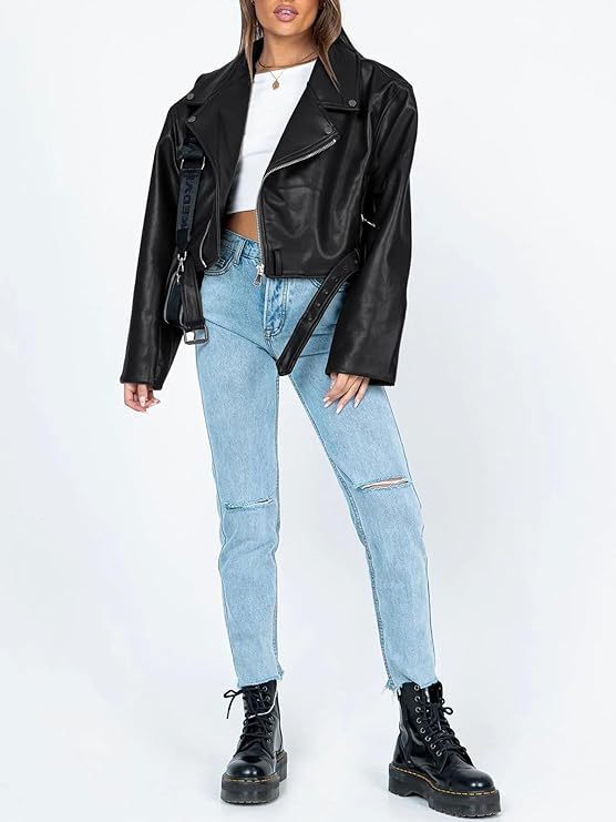 Women Leather Jackets Oversized Casual Winter Y2k Faux Zip Up Coats Bomber Motor Biker Fall Clothes  Trendy