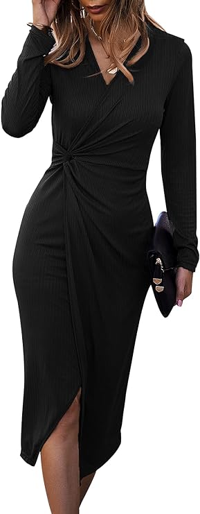 Women's Long Sleeve Dress: Midi Casual V Neck Dresses Twist Waist Ribbed Knit Bodycon Slit Cocktail Party Dress
