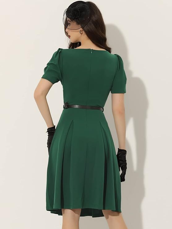 Women's Elegant Work Dress Belted Boat Neck Short Sleeve Dresses