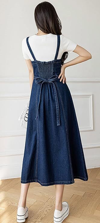 Women's Elegant Straps Back Smocked A-Line Long Skirt Denim Overall Pinafore Dress