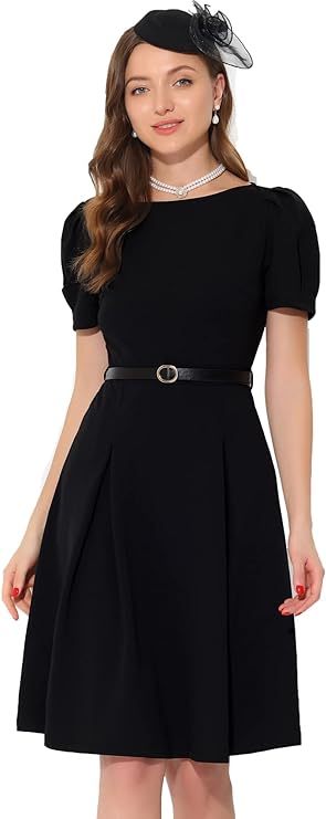 Women's Elegant Work Dress Belted Boat Neck Short Sleeve Dresses