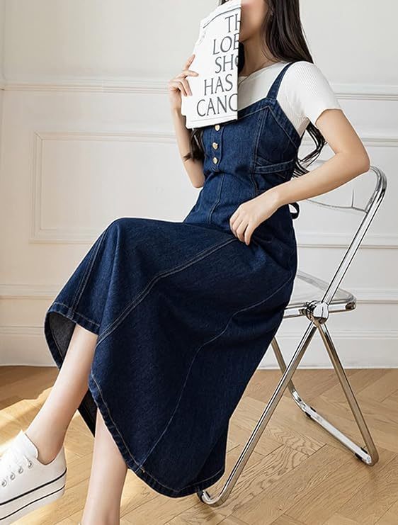 Women's Elegant Straps Back Smocked A-Line Long Skirt Denim Overall Pinafore Dress