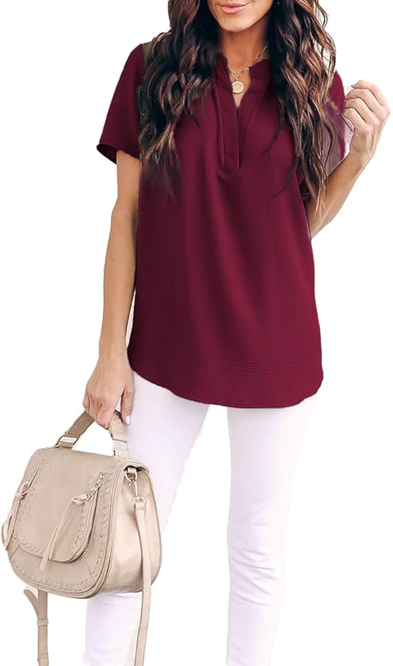Women Summer Casual Split V Neckline Chiffon Blouses Loose Tunic Short Sleeve Tops