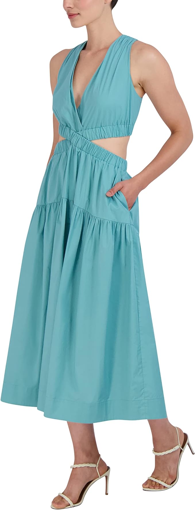 Women's V Neck Sleeveless Elastic Cut Out Waist Maxi Dress