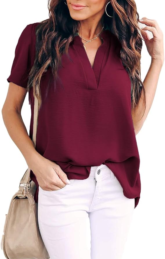 Women Summer Casual Split V Neckline Chiffon Blouses Loose Tunic Short Sleeve Tops
