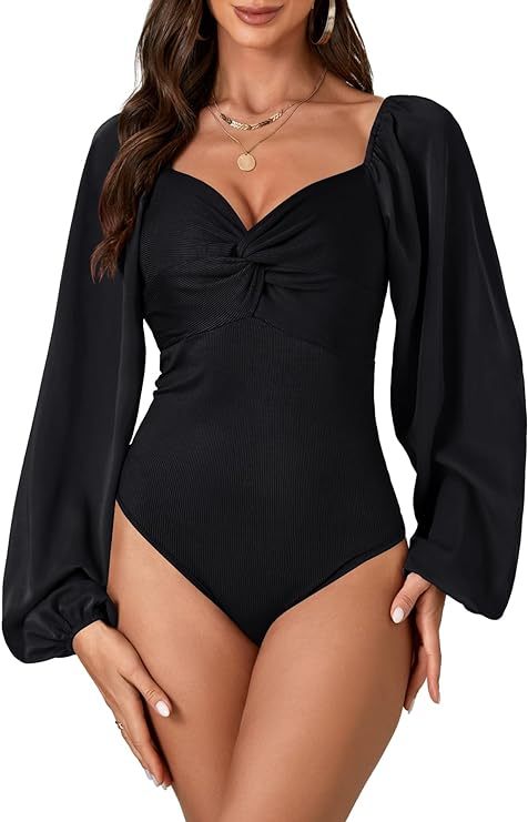Women's Lantern Long Sleeve Sweetheart Neck Leotard Twist Bodysuit Shirt Top