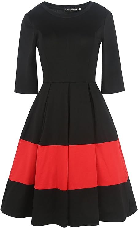 Women's Vintage Half Sleeve O-Neck Contrast Casual Pockets Party Swing Dress