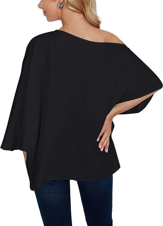 Women's Casual Off Shoulder Batwing Short Sleeve Solid Loose Shirt Blouse Top