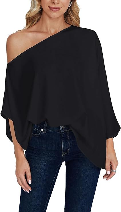 Women's Casual Off Shoulder Batwing Short Sleeve Solid Loose Shirt Blouse Top