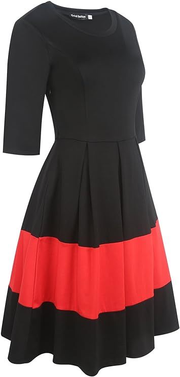 Women's Vintage Half Sleeve O-Neck Contrast Casual Pockets Party Swing Dress