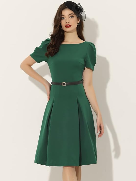 Women's Elegant Work Dress Belted Boat Neck Short Sleeve Dresses