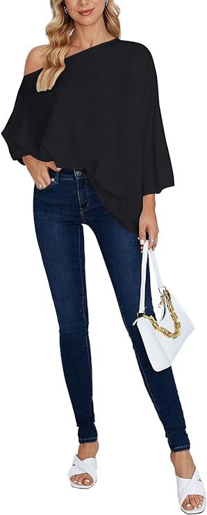 Women's Casual Off Shoulder Batwing Short Sleeve Solid Loose Shirt Blouse Top