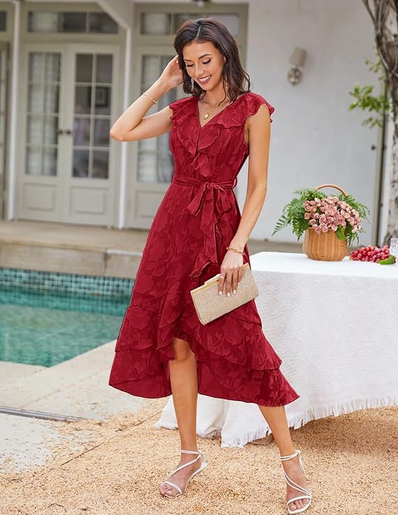 Women's Summer Bridesmaid Dresses for Wedding V Neck Ruffle Party Cocktail Dresses Chiffon Flowy Wrap Dress