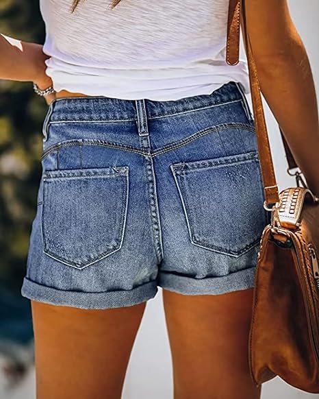 Womens Casual Ripped Denim Shorts Mid Waisted Stretchy Jean Shorts for Women
