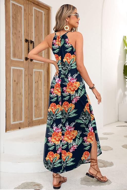 Women's Summer Side Slit Halter Maxi Dress
