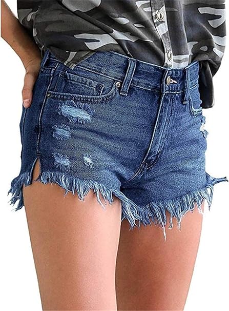 Frayed Denim Shorts for Women Mid Rise Jean Shorts Ripped Raw Hem Comfy