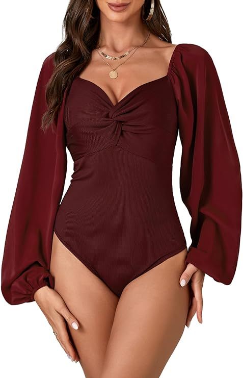Women's Lantern Long Sleeve Sweetheart Neck Leotard Twist Bodysuit Shirt Top