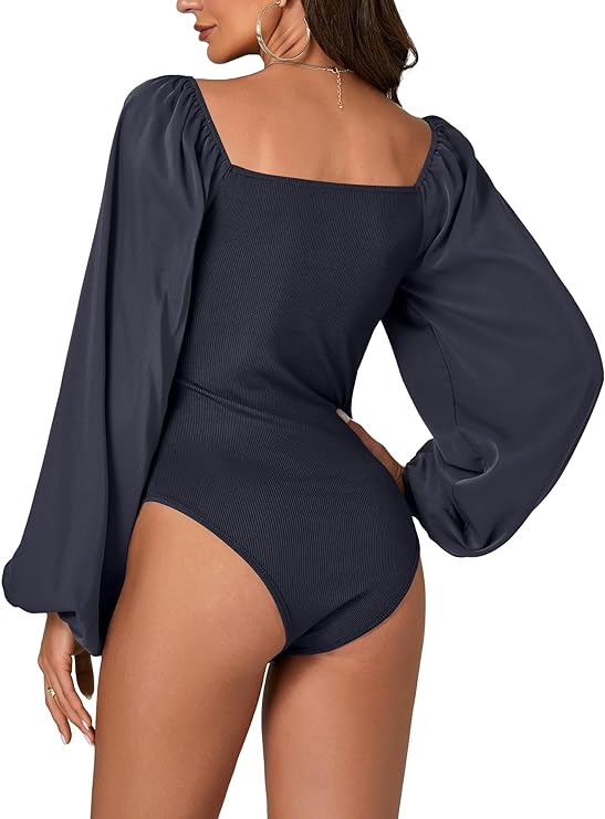 Women's Lantern Long Sleeve Sweetheart Neck Leotard Twist Bodysuit Shirt Top