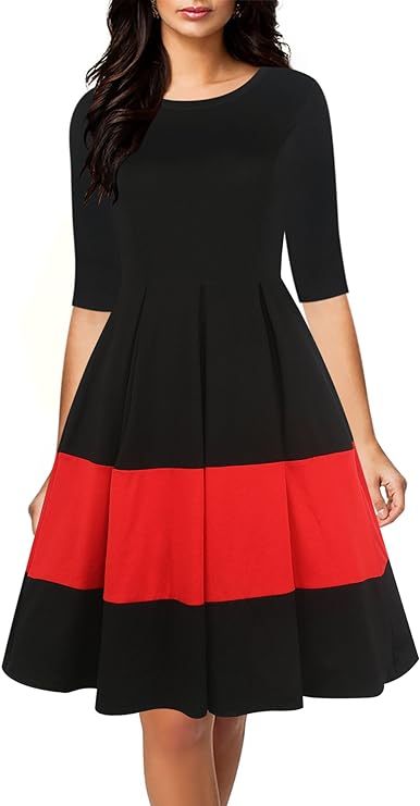Women's Vintage Half Sleeve O-Neck Contrast Casual Pockets Party Swing Dress