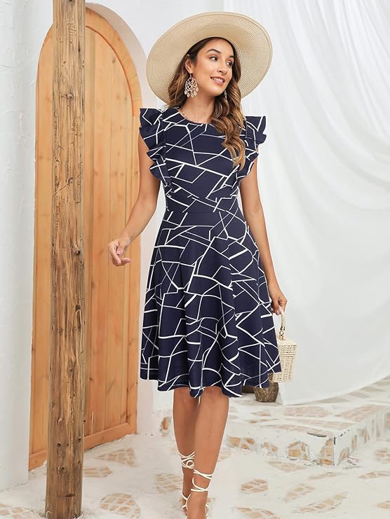 Women's Vintage Ruffle Floral Flared A Line Swing Casual Cocktail Party Dresses