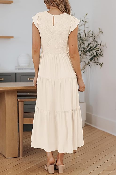Women's Summer Casual Flutter Short Sleeve Crew Neck Smocked Elastic Waist Tiered Midi Dress