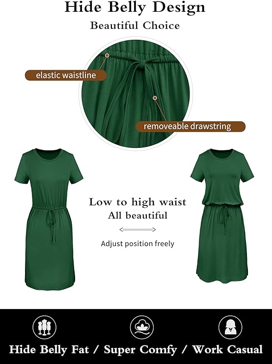 Womens Hide Belly Mid Length Work Casual Dress with Pockets