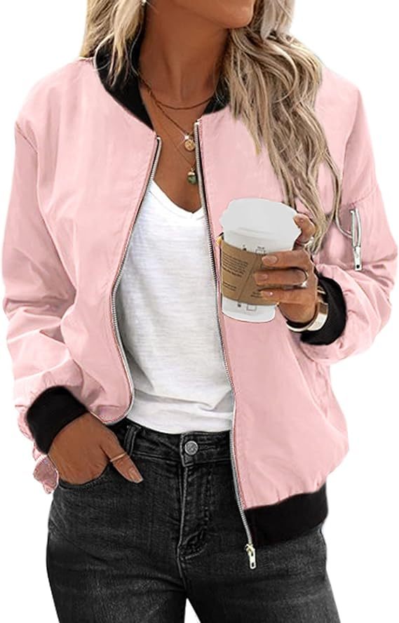 Women Bomber Jacket Casual Jackets Lightweight Zip Up Jacket Classic Solid Jacket