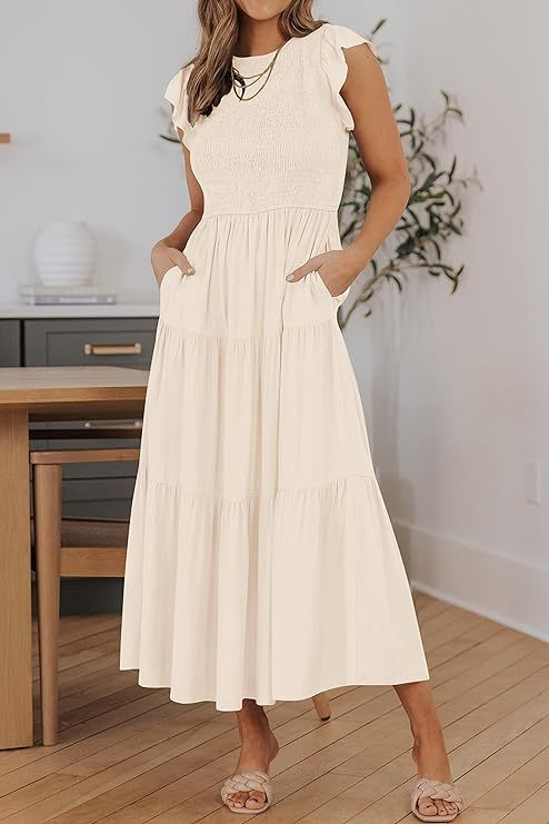 Women's Summer Casual Flutter Short Sleeve Crew Neck Smocked Elastic Waist Tiered Midi Dress
