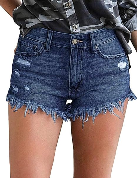 Frayed Denim Shorts for Women Mid Rise Jean Shorts Ripped Raw Hem Comfy