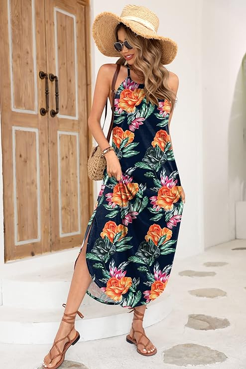 Women's Summer Side Slit Halter Maxi Dress
