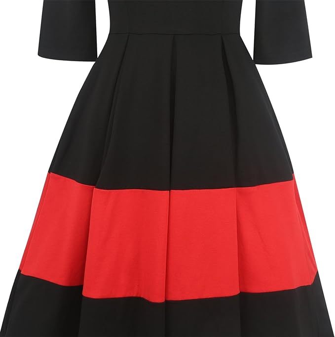 Women's Vintage Half Sleeve O-Neck Contrast Casual Pockets Party Swing Dress