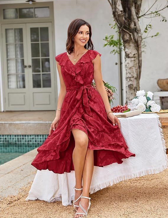 Women's Summer Bridesmaid Dresses for Wedding V Neck Ruffle Party Cocktail Dresses Chiffon Flowy Wrap Dress