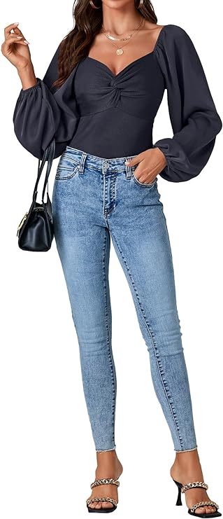 Women's Lantern Long Sleeve Sweetheart Neck Leotard Twist Bodysuit Shirt Top