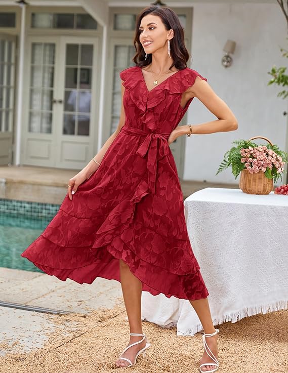 Women's Summer Bridesmaid Dresses for Wedding V Neck Ruffle Party Cocktail Dresses Chiffon Flowy Wrap Dress