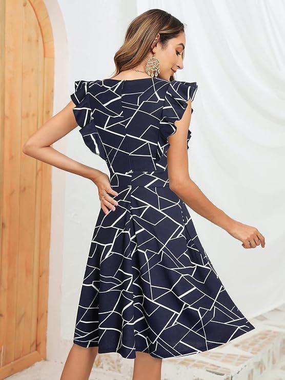 Women's Vintage Ruffle Floral Flared A Line Swing Casual Cocktail Party Dresses