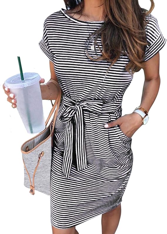 Women's Summer Striped Short Sleeve T Shirt Dress Casual Tie Waist with Pockets