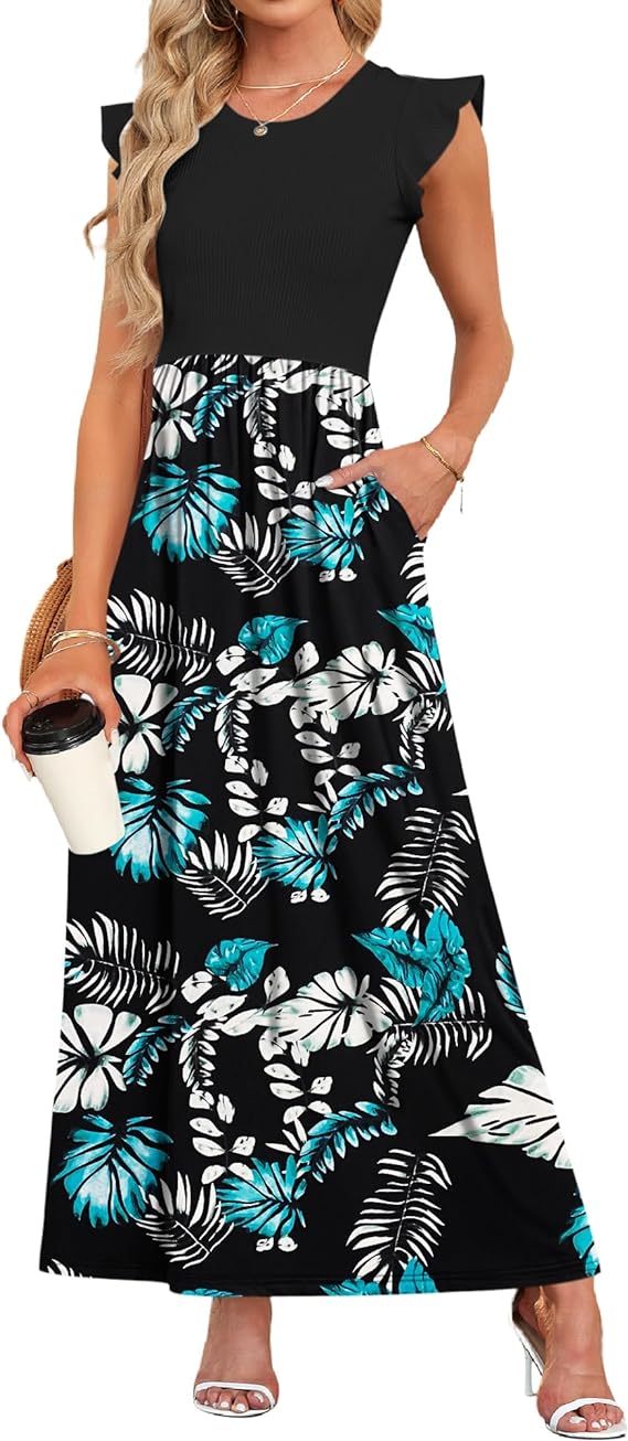 Women Short Sleeve Loose Plain Maxi Dresses Casual Long Dresses Pockets