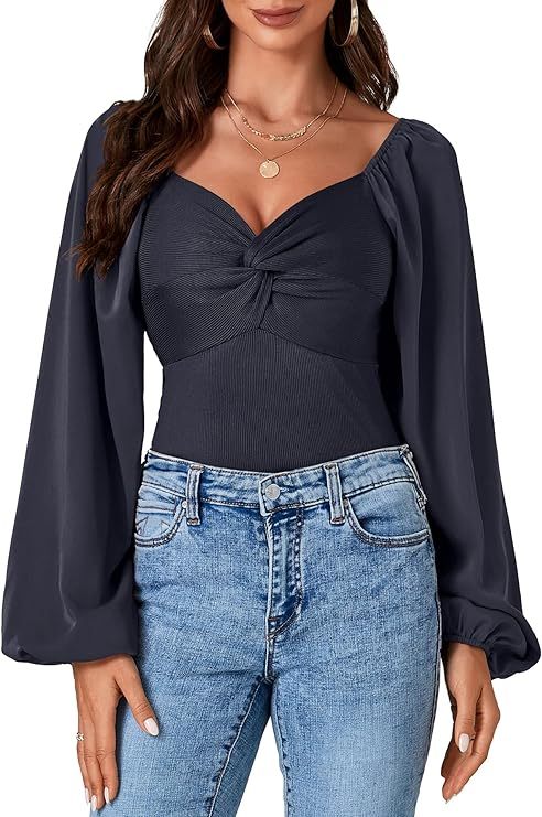 Women's Lantern Long Sleeve Sweetheart Neck Leotard Twist Bodysuit Shirt Top