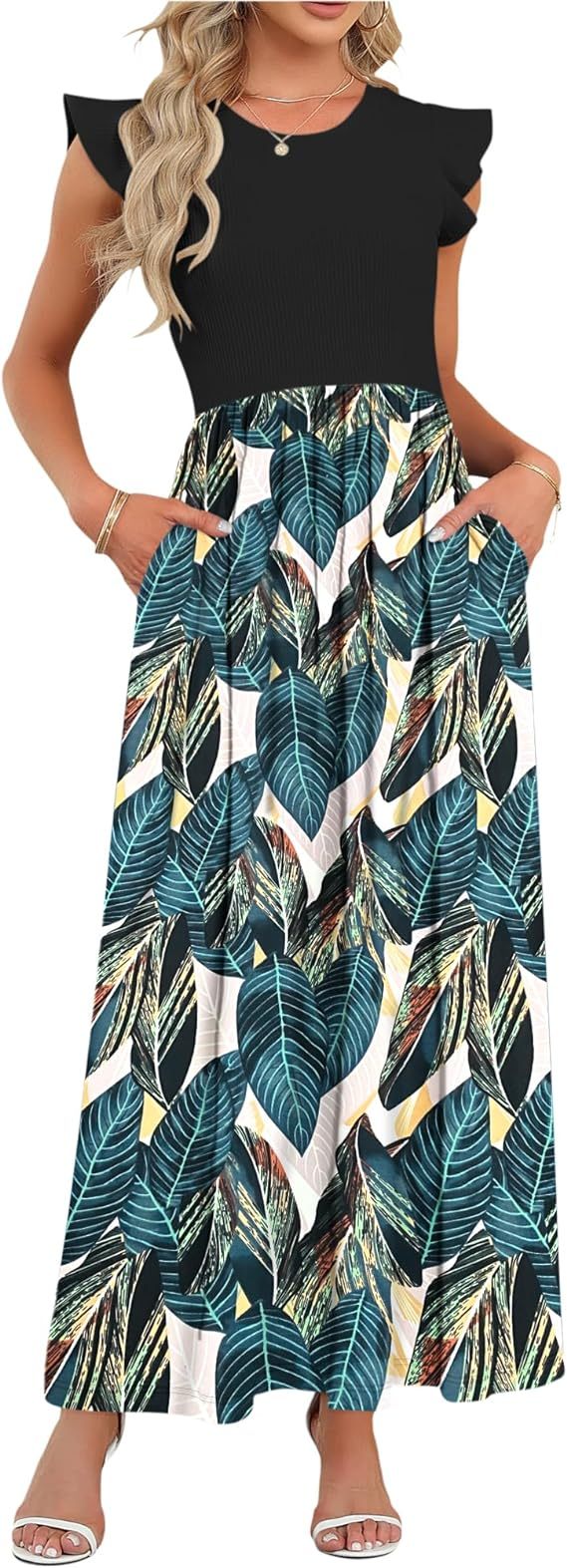 Women Short Sleeve Loose Plain Maxi Dresses Casual Long Dresses Pockets