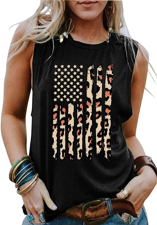 American Flag Tank Tops Women Patriotic Shirt USA Flag Stars Stripes Print Sleeveless T-Shirt 4th of July Tee Tops