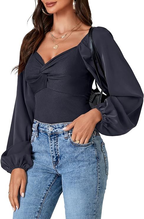 Women's Lantern Long Sleeve Sweetheart Neck Leotard Twist Bodysuit Shirt Top