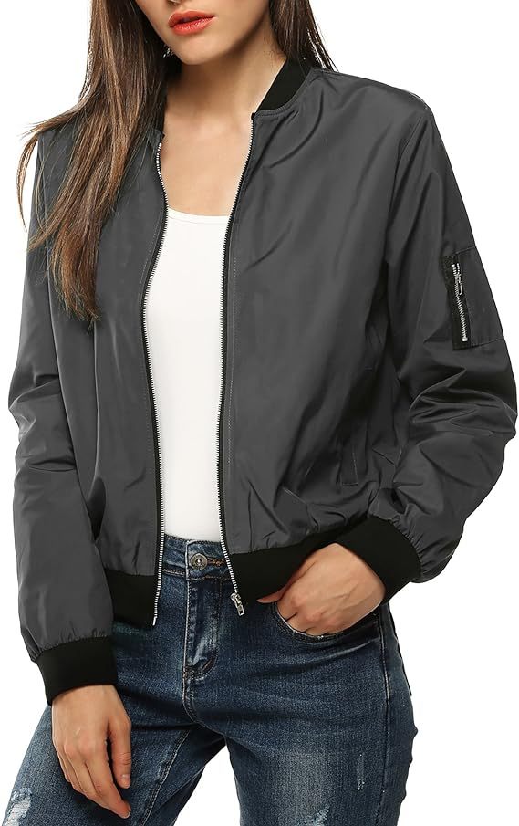 Women Bomber Jacket Casual Jackets Lightweight Zip Up Jacket Classic Solid Jacket