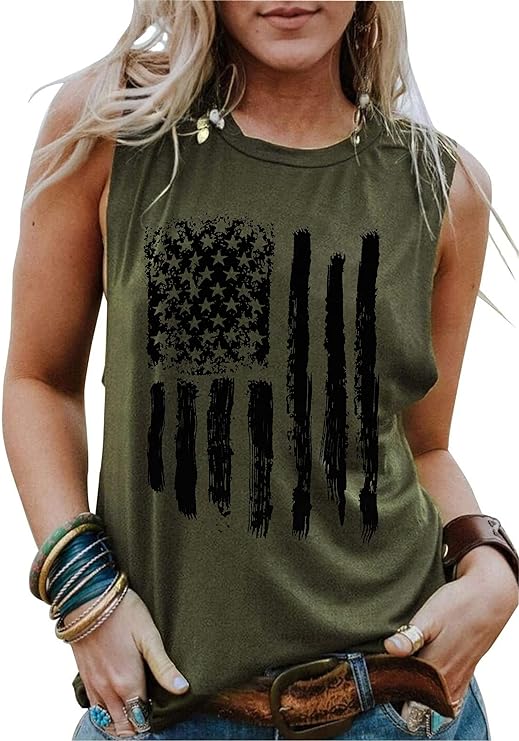 American Flag Tank Tops Women Patriotic Shirt USA Flag Stars Stripes Print Sleeveless T-Shirt 4th of July Tee Tops