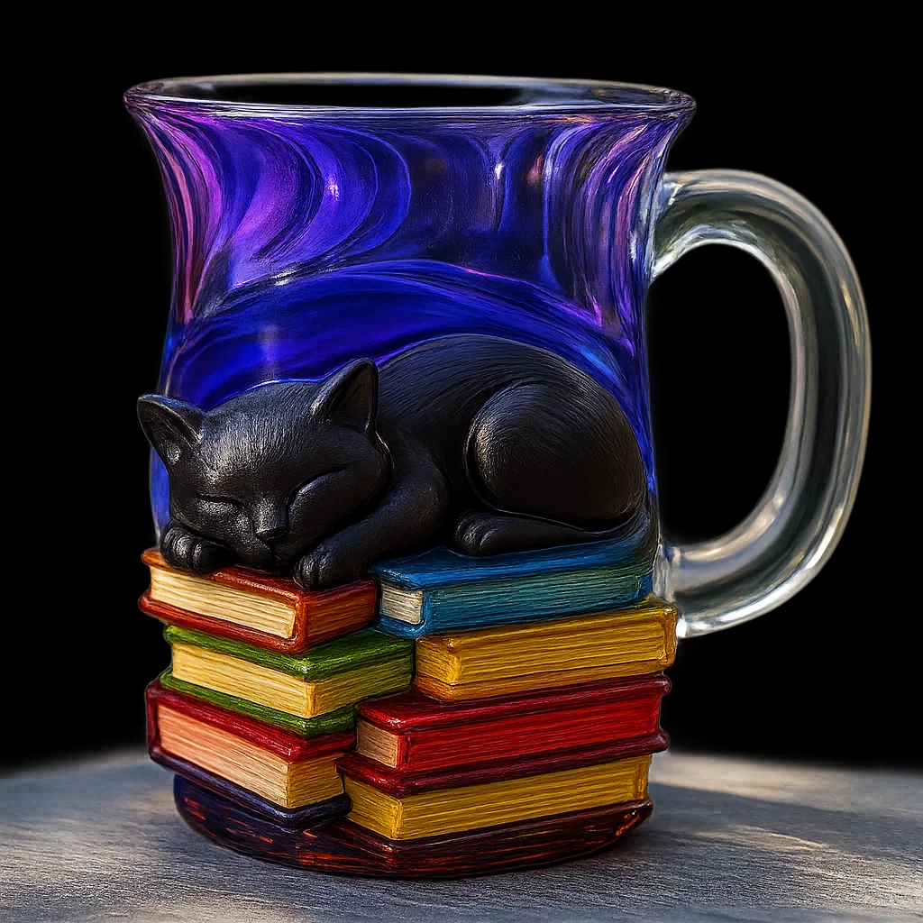 Cat Sleeping on Books Glass Mug